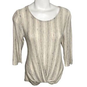 W5 Blouse‎ Top Women's MEDIUM Beige White Gray Scoop-Neck Soft-Knit Twist-Front